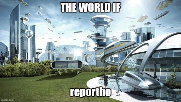 A drawing of a beautiful futuristic city, captioned with the words 'the world if reportho'